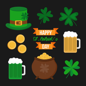 Happy St. Patrick's Day vector icon set. St. Patrick's Day illustrations; four leaf clovers, pot of gold, golden coins, beer, green beer, leprechaun hat and writing decorated with ribbons.