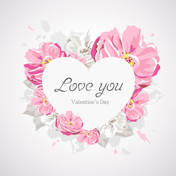happy valentines day white heart on pink flower isolated on white background, vector illustration