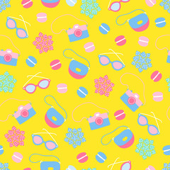 Seamless pattern with camera, glasses, succulent, macaroons in pastel colors