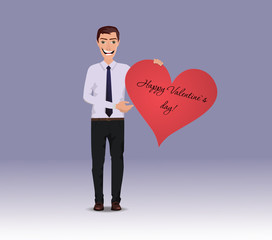 Funny Guy with red Valentine`s day heart with text Happy valentines day and free blank space for your text