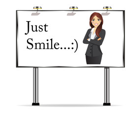 Billboard with text Just smile and image of a beautiful business woman in business clothes