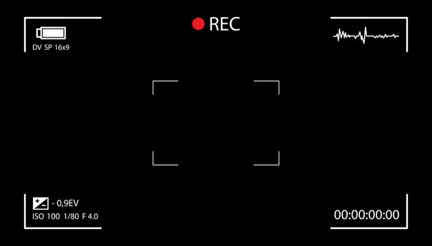 Camera screen with white frame, figures and battery symbol. Camcorder viewfinder on black background.