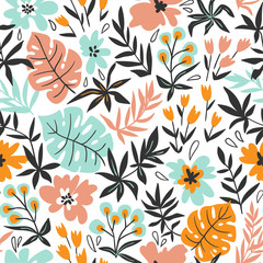 Seamless pattern with wild tropical plants and flowers. Tropic vector repeating background.