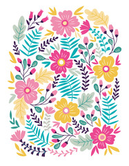 Vector floral card in doodle style with flowers and leaves. Gentle, summer floral background.