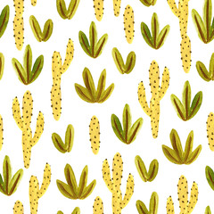 Seamless pattern painted in gouache plants, leaves and cacti isolated on the white background. Desert fabric design.
