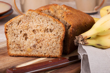 Closeup of a slice of banana nut bread