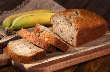 Sliced loaf of banana nut sweet bread