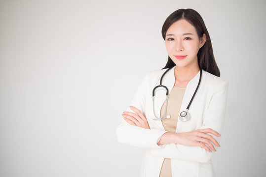 Beautiful Asian Woman Female Doctor Isolated On White Background, Medical, Doctor, Clinical, Hospital Concept. Woman Or Female Doctor Is Lacked In Some Country. Doctor Is The Necessary Career.