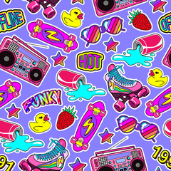 Seamless pattern with colorful elements: skateboard, sunglasses, boombox, rubber duck, vintage roller blades, spilling soda can, rainbow stars, funky patches, strawberries, etc. 80s comic style. 