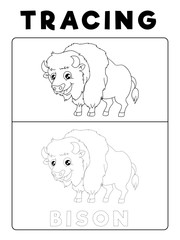 Funny Bison Tracing Book with Example. Preschool worksheet for practicing fine motor skill. Vector Animal Cartoon Illustration for Children.