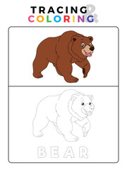 Funny Bear Tracing and Coloring Book with Example. Preschool worksheet for practicing fine motor and colors recognition skill. Vector Animal Cartoon Illustration for Children.