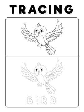 Funny Bird Tracing Book with Example. Preschool worksheet for practicing fine motor skill. Vector Animal Cartoon Illustration for Children.