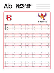 Letter B Alphabet Tracing Book with Example and Funny Bird Cartoon. Preschool worksheet for practicing fine motor skill. Vector Animal Illustration for Children.