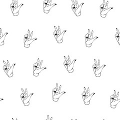 Fototapeta premium Hands showing two fingers up seamless pattern on white background. Vector Illustration 