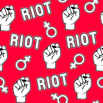 Feminist seamless pattern with patches, badges with words "Riot", raised angry female fists, Venus signs on red background. Feminism, women's rights, LGBTQ power etc. Vector illustration.