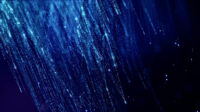 3d rendering background with particles with depth of field. Loop animation, seamless footage. Dark digital abstract background with beautiful glowing particles form concept of digital world. Blue V1