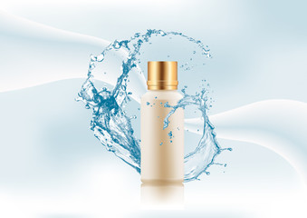 Advertising magazine page. Splash of water,empty realistic gold-pink plastic package for cosmetic products,bottle for lotion,gel,shampoo on an abstract gradient background.Vector illustration.
