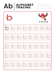 Letter B Alphabet Tracing Book with Example and Funny Bird Cartoon. Preschool worksheet for practicing fine motor skill. Vector Animal Illustration for Children.