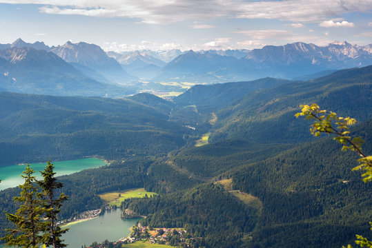 Top view of wooded foothills and distant mountains, Bavaria, Germany