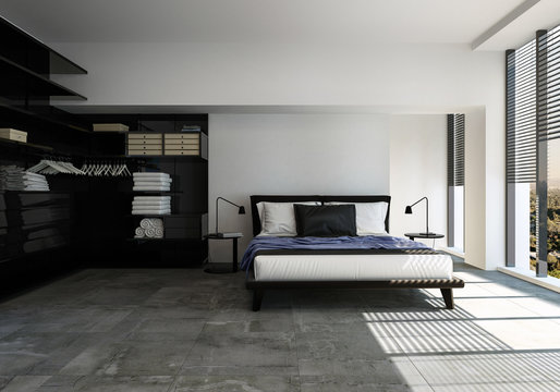 Stylish modern bedroom in black and grey decor