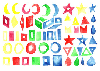 A large watercolor collection of geometric shapes, symbols and signs.