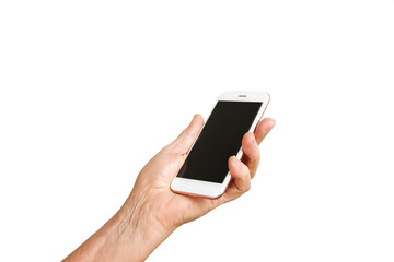 Senior female gesture language, hands signs isolated on solid white background. Old female in her seventies / eighties showing arms forearms.