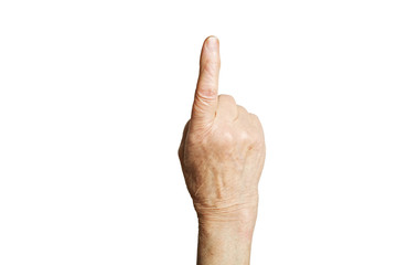 Senior female gesture language, hands signs isolated on solid white background. Old female in her seventies / eighties showing arms forearms.