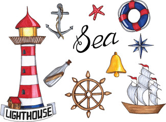 Ligfthouse and marine color set. Text lighthouse and sea. Hand drawn.