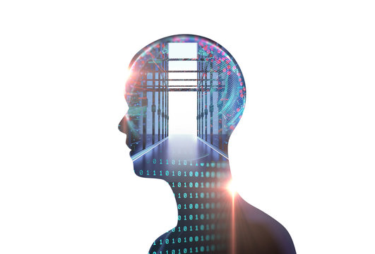 virtual human silhouette on server racks in datacenter. 3d illustration