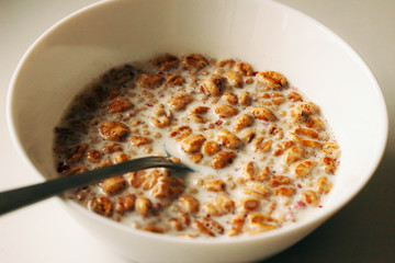 muesli with milk in white plate with spoon