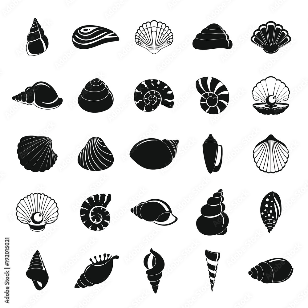 Poster sea shell icons set. simple illustration of 25 sea shell vector icons for web