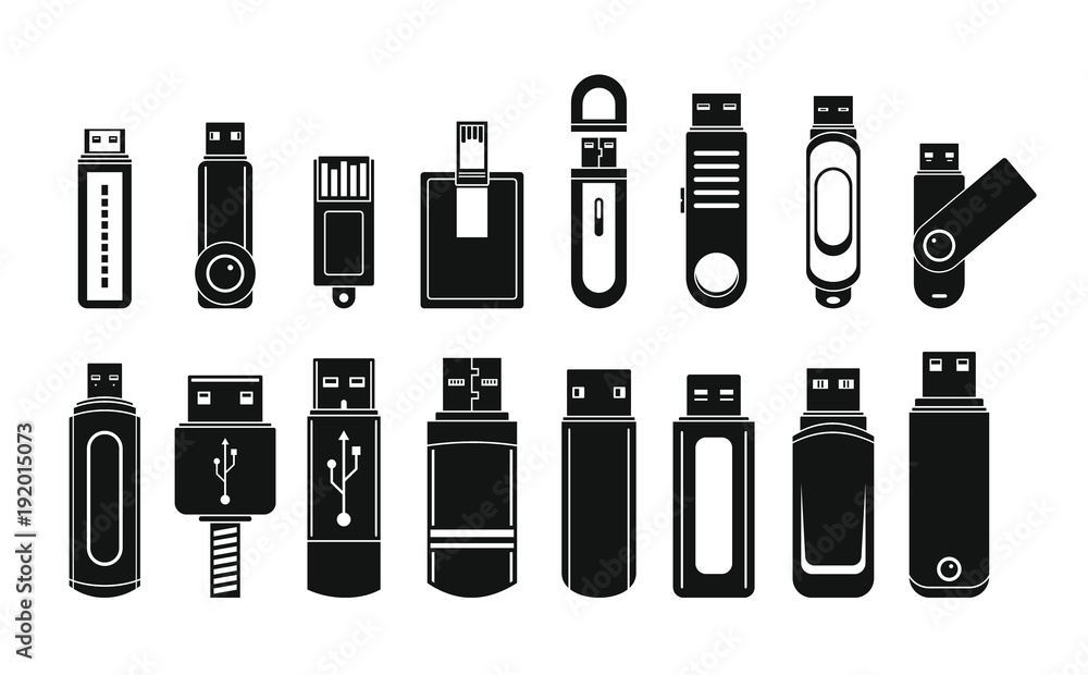Poster usb flash drive icons set. simple illustration of 16 usb flash drive vector icons for web