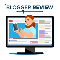 Blogger Review Concept Vetor. Popular Blogger Man Testing Functional With New Smartphone. Online Channel. Video Content. Isolated Flat Cartoon Illustration