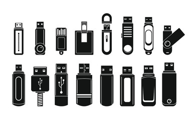 USB flash drive icons set. Simple illustration of 16 USB flash drive vector icons for web