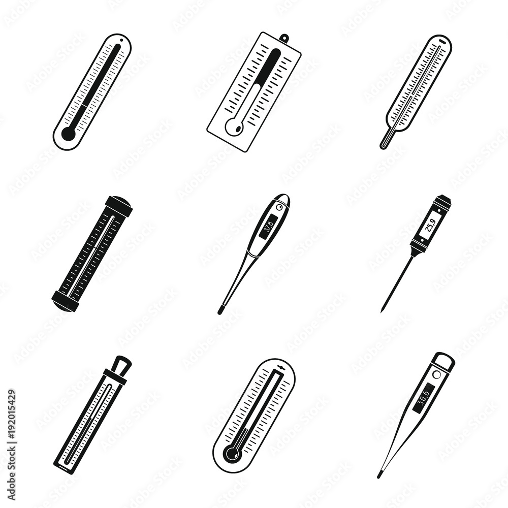 Poster thermometer temperature icons set. simple illustration of 9 thermometer temperature vector icons for
