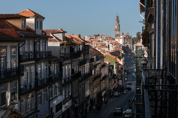 Street in Porto, Portugal and Clerigos Church