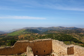 Fototapeta na wymiar the Jordan Valley seen from the Ajloun Castle, Muslim castle built by the Ayyubids in the 12th century, enlarged by the Mamluks, on a hilltop belonging to the Mount Ajlun district, Middle East
