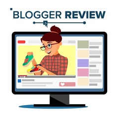 Blogger Review Concept Vetor. Popular Young Video Streamer Blogger Girl, Woman. Fashion Blog. Live Broadcast. Online Channel. Isolated Flat Cartoon Illustration