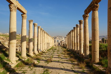 Columns of the cardo maximus, Ancient Roman city of Gerasa of Antiquity , modern Jerash, Jordan, Middle East