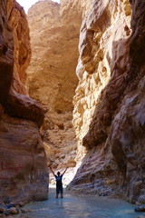 Young adventurous man in Wadi Zarqa Ma'in canyon located in the mountainous landscape to the east...
