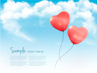 Naklejka na ściany i meble Valentine heart-shaped baloons in a blue sky with clouds. Vector background