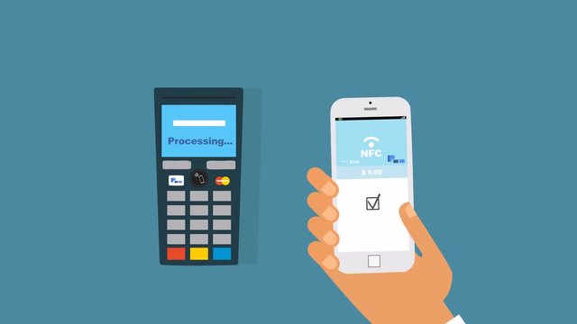 Man paying through smart phone using NFC technology.Paying with a smartphone device on a credit card terminal. Wireless payment is a growing trend. animation