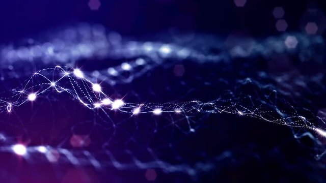 3d rendering background with particles with depth of field. Loop animation, seamless footage. Dark digital abstract background with beautiful glowing particles form concept of digital world. Blue V13