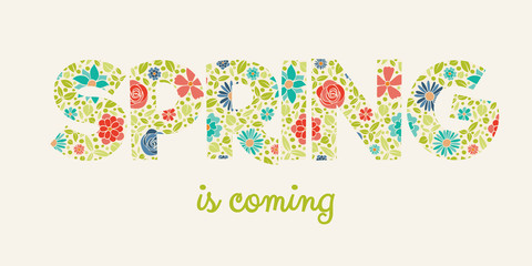 Spring - banner with floral text. Vector.