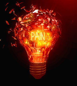 3d illustration of a bursting light bulb with the word pain as filament