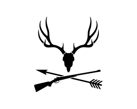 Skull Dear Head with Sniper Gun and Arrow Cross for Hunting Symbol Logo Vector