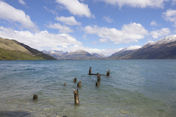 Fototapeta na wymiar Broken jetty alongside Lake Wakatipu, Glenorchy, New Zealand