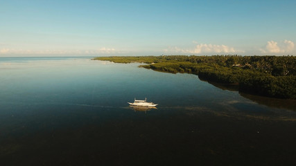 Coastline of the tropical island Bohol with rainforest on a background of ocean. Aerial view seascape, sky, clouds, ocean. Philippines. Travel concept.