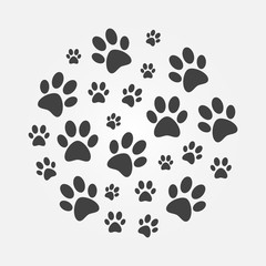 Fototapeta na wymiar Dark paw Prints round illustration. Vector dog footprints
