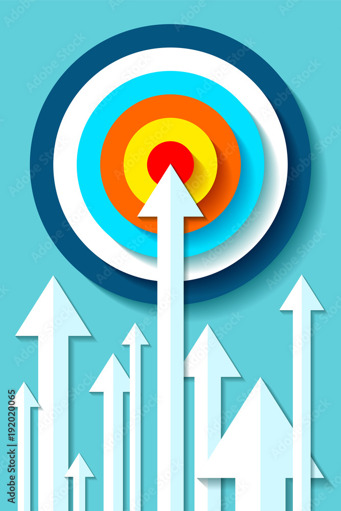 Poster volume target icon in flat style on color background. white arrows in the center aim. vector design 